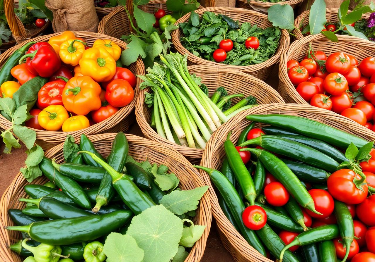 Récolte de légumes de saison bio : gombos, légumes-feuilles, oignons et concombres